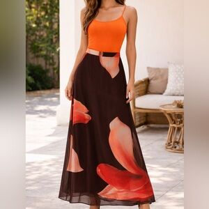 Fashion Nova Orange and Brown Floral mesh Maxi Skirt. Size XL